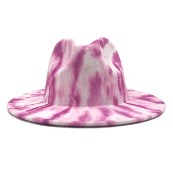 Platus kraštų dvipusis tie dažai moterų vilnonių skrybėlę ankstyvo pavasario spalvos skrybėlę ponios didelis kraštais džiazo fetrinė skrybėlė dažai, tapyba Panamos skrybėlė