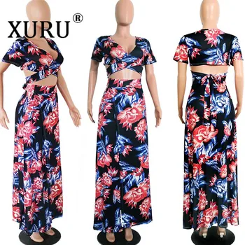 XURU Naujas Moterų Gėlių Suknelė 2 Gabalas trumpomis Rankovėmis Spausdinti Lankas Suknelė Rinkinys