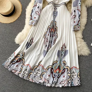 Elegantiškas Retro kilimo ir tūpimo Tako Deaigner Pavasarį, Rudenį Marškinėliai Suknelė Moterims moteriški ilgomis Rankovėmis Printted Slim Plisuotos Vidutinio ilgio Suknelės