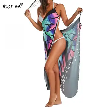 Paplūdimio drabužiai moterims, tunikų spausdinti padengti iki wrap slydimo paplūdimio suknelė praia vasaros bikini padengti iki moterų moterų vienas dydis drugelis