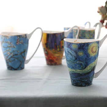 Naujas Stilius Van Gogh Taurės Mėlyna žvaigždėtą saulėgrąžų gėlių kavos puodelis Meno paveikslai, Keramikos Kaulų Kinija Taurė