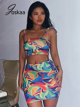Joskaa Sexy 2 Dalių Rinkinys Moterims Streetwear Spausdinti Pasėlių Rezervuaro Viršaus Ir Mini Sijonas Atitikimo Rinkiniai Vasaros 2021 Seksualus Šalies Clubwear