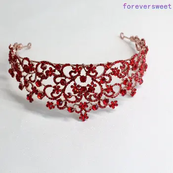 Specialios raudonos kristalų nuotakos tiara plaukų papuošalai, nuotakos tiara ir karūnos,