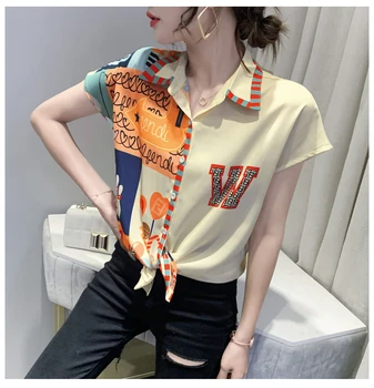 Elegantiškas Spausdinti Šifono Palaidinės Moterims korėjos Trumpas Rankovės Moterų Marškiniai Modis Viršūnes Blusa Mujer 2021 M. Vasaros Naują Atvykimo