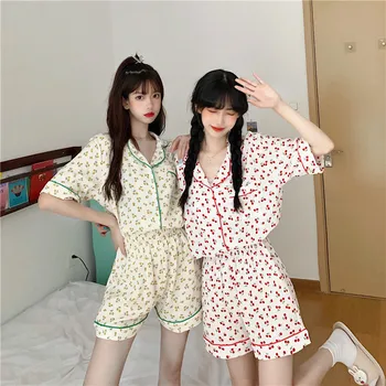 Vasaros vyšnių pižama nustatyti moterų sleepwear medvilnės namų drabužius trumpomis rankovėmis viršuje šortai 2 dalių komplektas homewear pižamos minkštas Y520