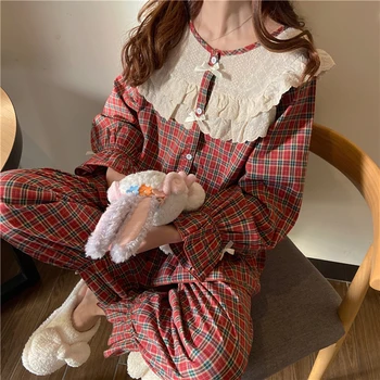 Korėjos Derliaus Pledas Pižama Nustatyti Moterų Mados Pynimas Sleepwear Atsitiktinis Mori Merginos Outwear Namų Tiktų Viduramžių Fakelus Rankovės