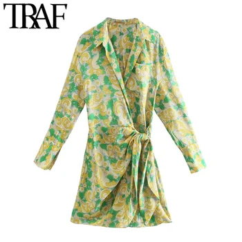 TRAF Moterų Elegantiškos Mados Su Laivapriekio Susieta Spausdinti Wrap Mini Marškinėliai Vintage Suknelė ilgomis Rankovėmis Užsegama Moterų Suknelės Mujer