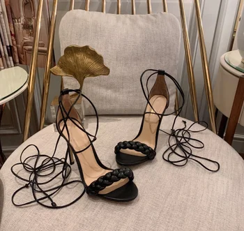 Elegantiškas stiletto medvilniniai nėriniai-up sandalai moterims vasaros 2021 nauja mada, suapvalinti tne open-toe aukštos obcasie sandalai