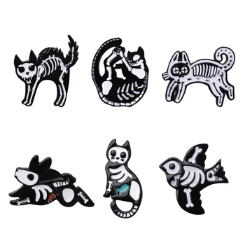 Helovinas animacinių filmų gyvūnų kačių paukščių skeletas formos emblemos Emalio smeigtukai Helovinas šalis dekoro dovana 1PC