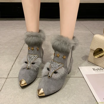 Karšto Pardavimo fox modelio žiemos butas mokasīni, moterų metalo pažymėjo tne blizgučiai kailio mokasinai prekės ženklo dizainas baleto butai ponios batų