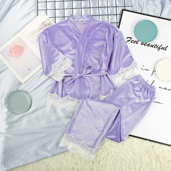 Hiloc Violetinė Sujungimas Velevt Sleepwear Moterų Apdaras Nustatyti 2021 Mezgimo Šilta Pižama Kelnės Su Kratinys Nėrinių Seksualus Kostiumas Rinkiniai Pavasario
