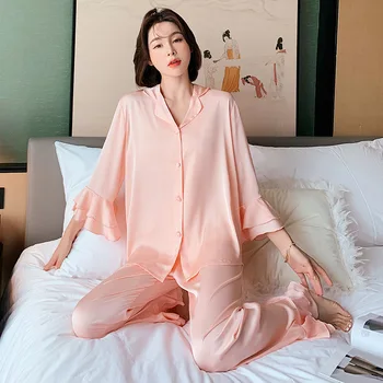 2021 Nauja Pižama Rinkiniai Saldus Moterų Šilkiniai Satino Sleepwear Pagoda Rankovės Prabanga Cardigan Sleepwear ilgomis rankovėmis Kelnės naktiniai drabužiai