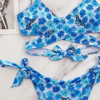 Seksualus gėlių spausdinti bikini Criss Cross mazgas maudymosi kostiumėlį Tvarstis aukštos sumažinti maudymosi kostiumėliai moterims, Mėlyna bandeau maudymosi kostiumą, Tuščiaviduriai paplūdimio
