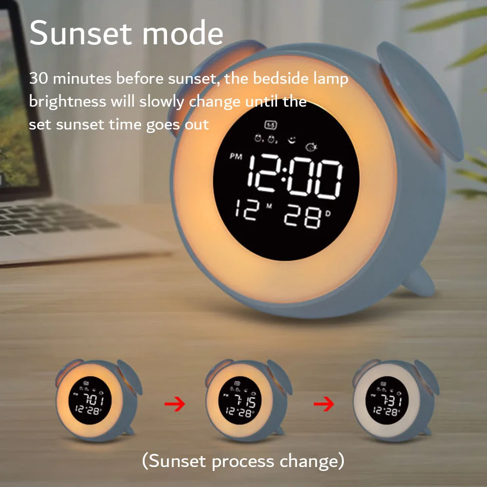 Lentelėje Skaitmeninis Laikrodis Pabusti Šviesos Žadintuvas Stalo Lempa su Muzika Saulėlydžio Režimas Nakties Šviesos Vaikų Miegamasis Apdaila 0