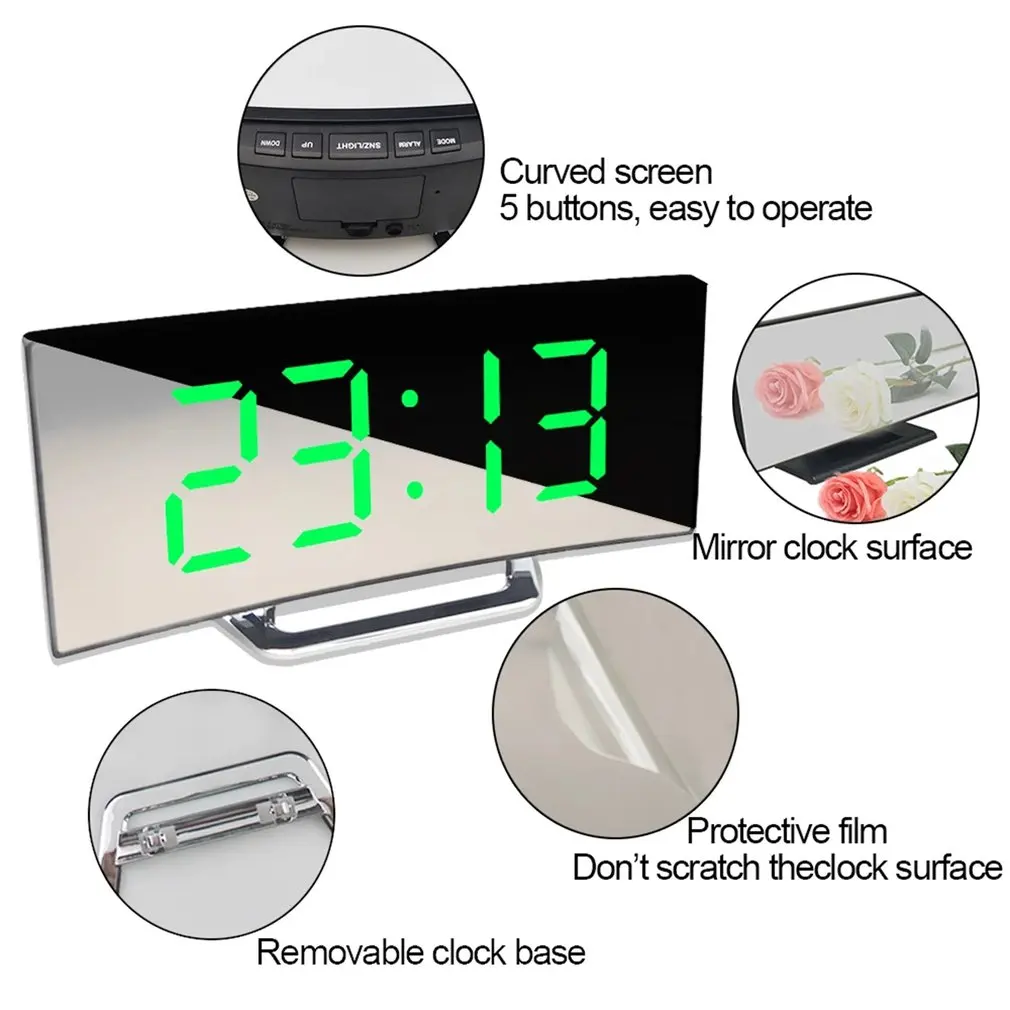 Didelis Ekranas LED Išlenkto Paviršiaus Veidrodis, Laikrodis Silent Alarm Clock Stalo Namų Puošybai Energijos Taupymo Duomenų Saugojimo Laikrodis 0