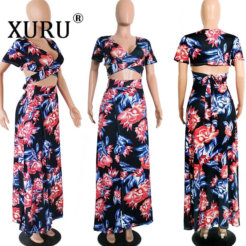 XURU Naujas Moterų Gėlių Suknelė 2 Gabalas trumpomis Rankovėmis Spausdinti Lankas Suknelė Rinkinys 0