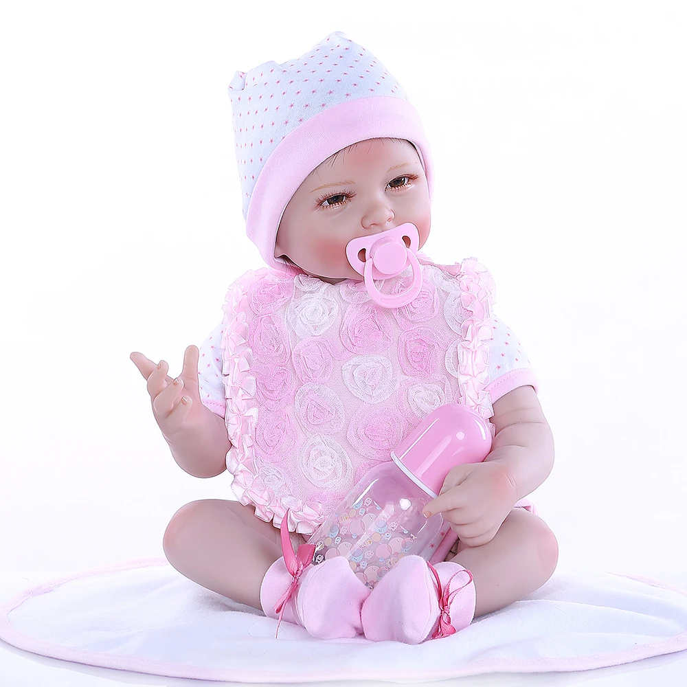 55CM 0-3Month nekilnojamojo baby dydis smile baby dantų realitic reborn baby doll tikroviška, minkšta liesti svertinis kūno lėlės rožinė suknelė 0