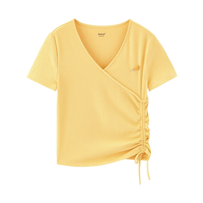 INMAN Vasaros Medvilnės Pagrindinis T-Shirt Mergina, Moteris Priežastinis Stiliaus Mielas trimatis Gėlių Dizainas trumpomis Rankovėmis V-Apykaklės Viršūnės 0