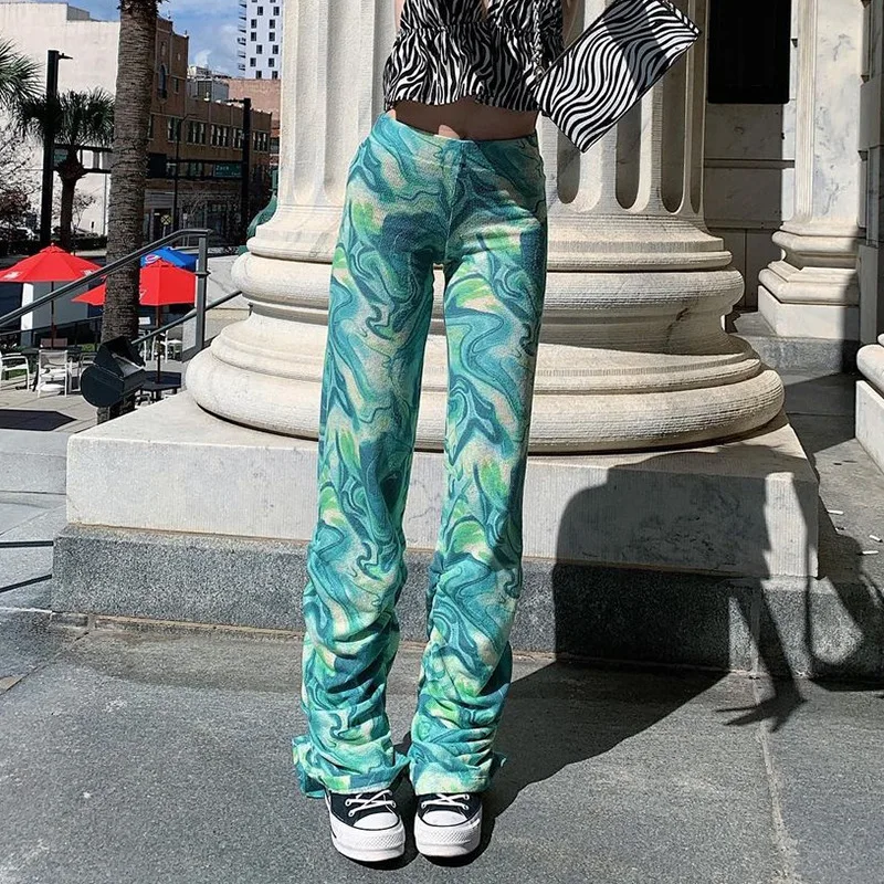 Naujas Sukrauti Pločio Kojų Kelnės Žalias Kaklaraištis Dažų Y2K Mados Komplektus Sweatpants Spausdinti Derliaus Aukšto Juosmens Moterų Kelnės Streetwear 0
