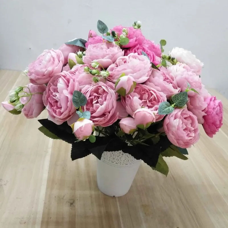 30cm Rose Pink Silk Bijūnas Dirbtinių Gėlių Puokštė 5 Dideli Galvos ir 4 Bud Pigūs Netikrą Gėlės Namuose Vestuvių patalpų Apdaila 0
