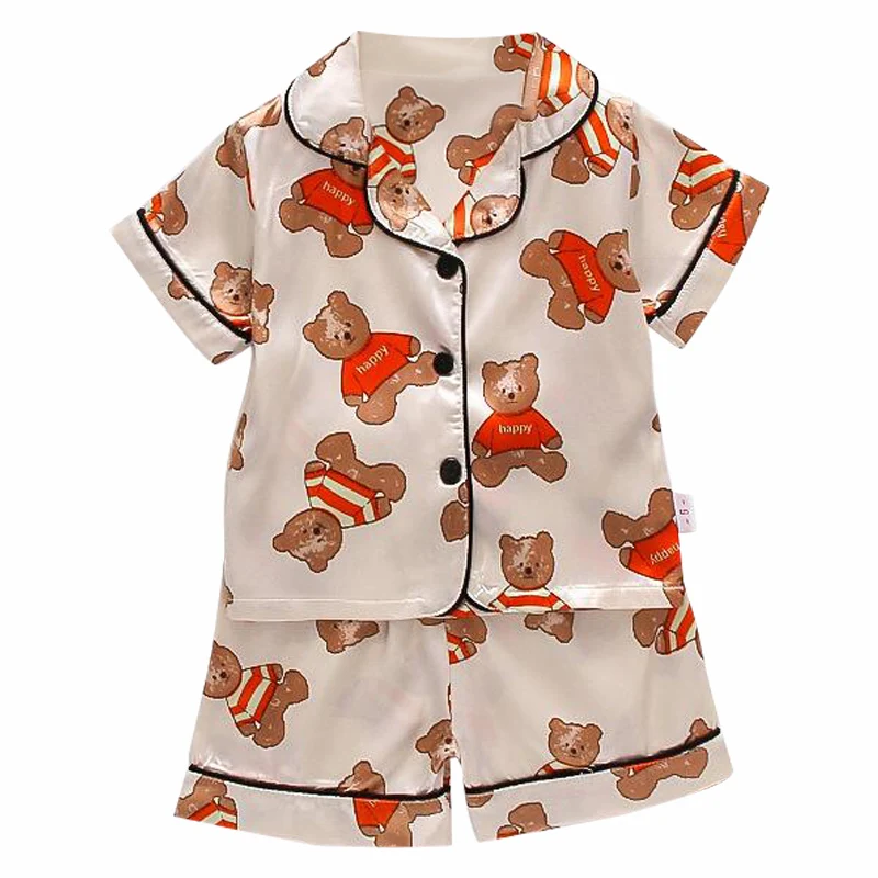 0-4yrs Children's pajamas set for Summer Baby suit Toddler Boys Girls Ice silk satin Cartoon printing Tops Pants Set home Wear 0