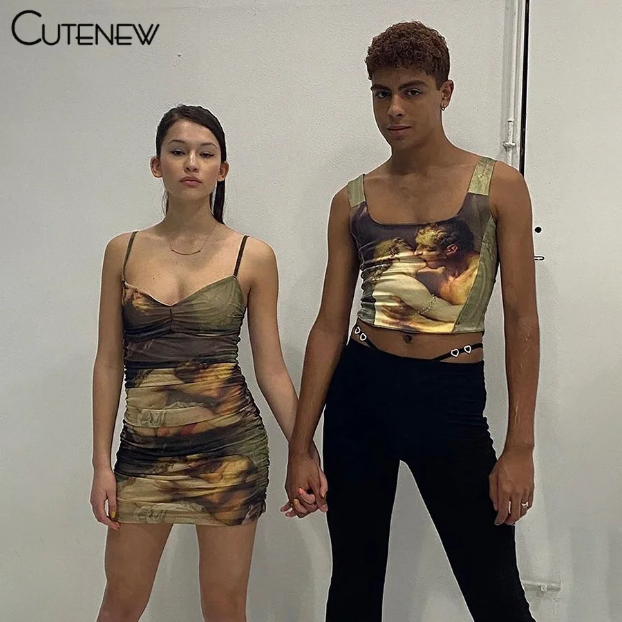 Cutenew Vasaros Gotikos Spausdinimo Camisole Mini Suknelė Moterims 2021 Naują Atsitiktinis Slim Streetwear Šalis Atostogų Ruožas Mergina Suknelės 0