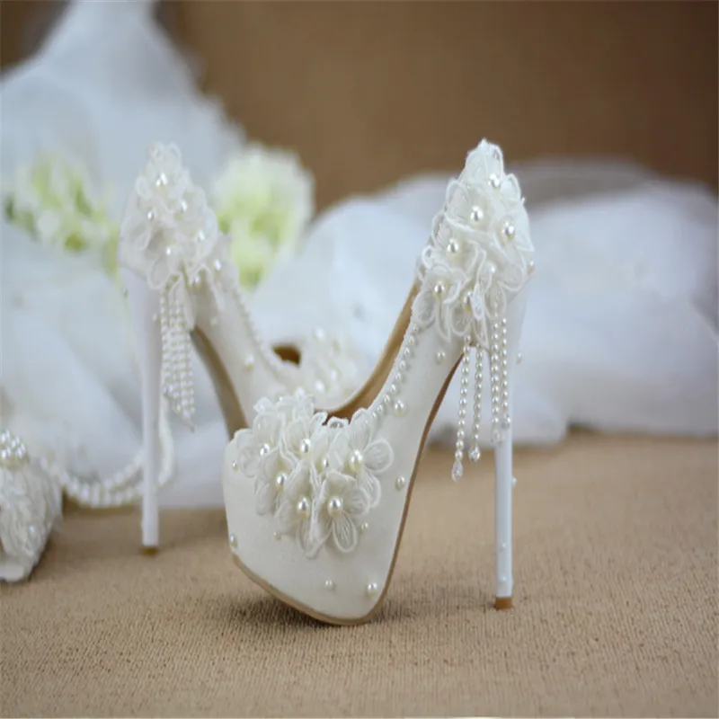 Bridesmaid, batai vestuvių suknelė balta nėrinių saldus gėlių kutas moterų moteriški batai 6cm 8cm 11cm 14cm aukšto kulno Didelis dydis 43 0