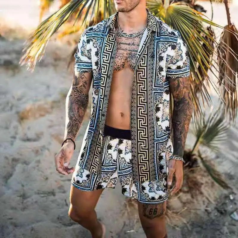 Vasaros Mados Havajų Spausdinti Trumpas Rankovės Marškinėliai Nustatyti Vyrų Paplūdimio Kokoso Plonas kietas Šortai vyriški Atostogų Paketą, Dviejų dalių S-3XL 0