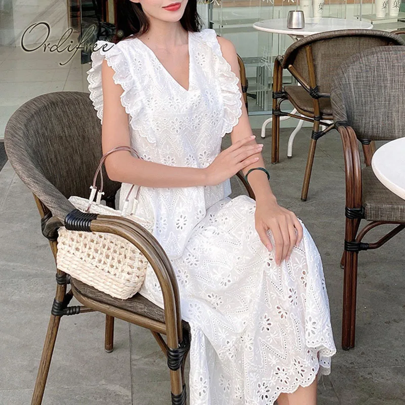 Ordifree 2021 M. Vasaros Moterų Balta Ilga Suknelė Be Rankovių Su V Kaklo Elegantiškas Tuščiaviduriai Iš Siuvinėjimo Nėrinių Tunika Paplūdimio Atostogų Suknelė 0