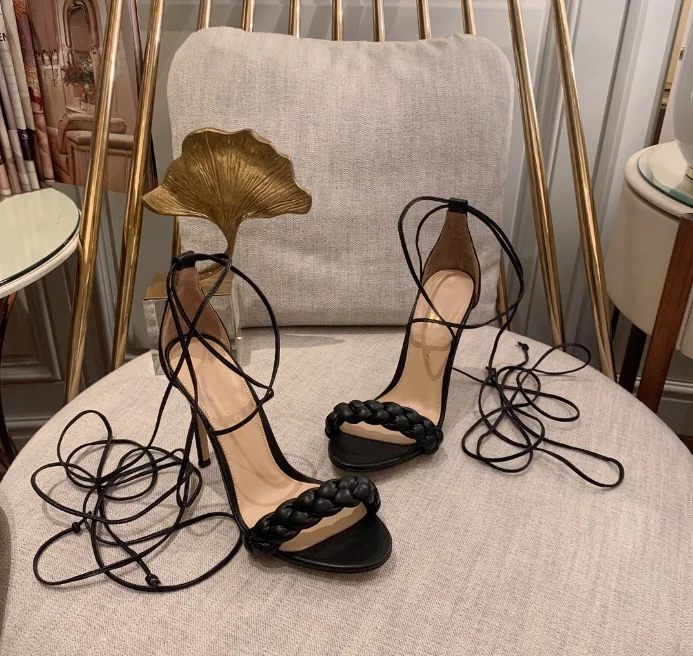 Elegantiškas stiletto medvilniniai nėriniai-up sandalai moterims vasaros 2021 nauja mada, suapvalinti tne open-toe aukštos obcasie sandalai 0