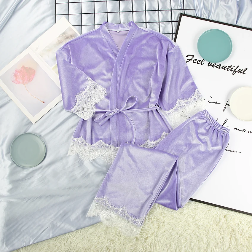 Hiloc Violetinė Sujungimas Velevt Sleepwear Moterų Apdaras Nustatyti 2021 Mezgimo Šilta Pižama Kelnės Su Kratinys Nėrinių Seksualus Kostiumas Rinkiniai Pavasario 0