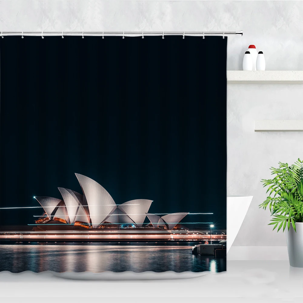 Australijos Sidnėjaus Operos Pastato Dekoracijos Dušo Užuolaidos Miesto Naktinis Vaizdas, 3D Spausdinimas Vandeniui Dekoro Vonios Užuolaidų Komplektas 0