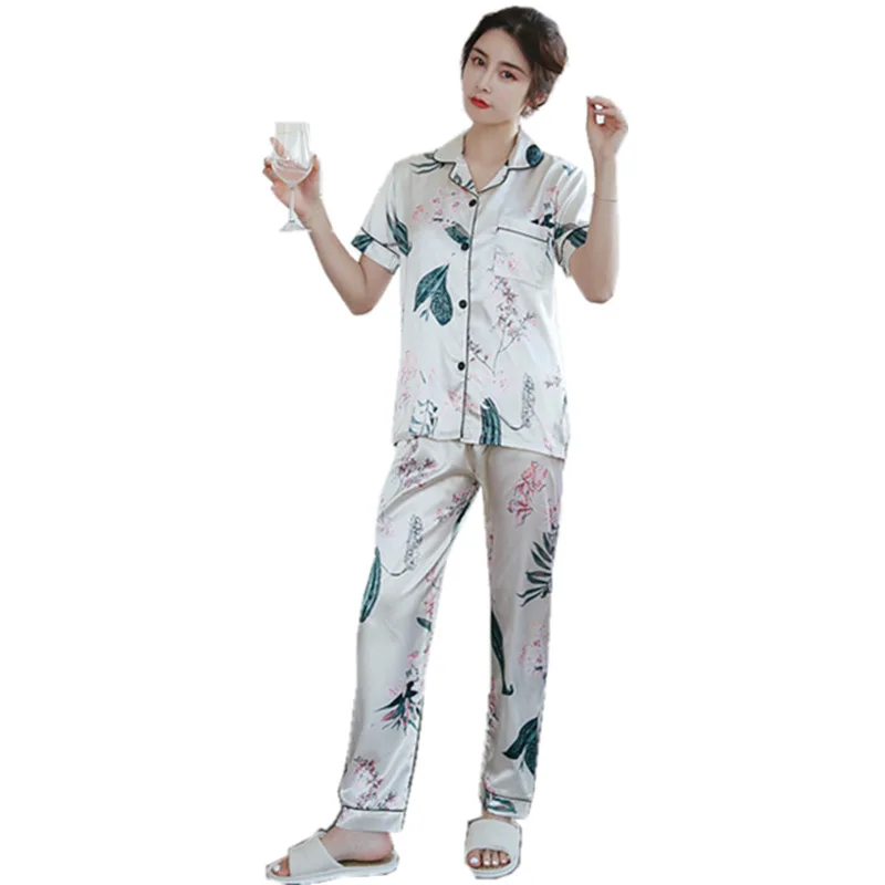 Šilko pjs Moterų Atlasas Pyjama Pajama Nustatyti ilgomis Rankovėmis Atsitiktinis Sleepwear naktiniai drabužiai Patogiai Gyvūnų Loungewear Satino M-5XL 0