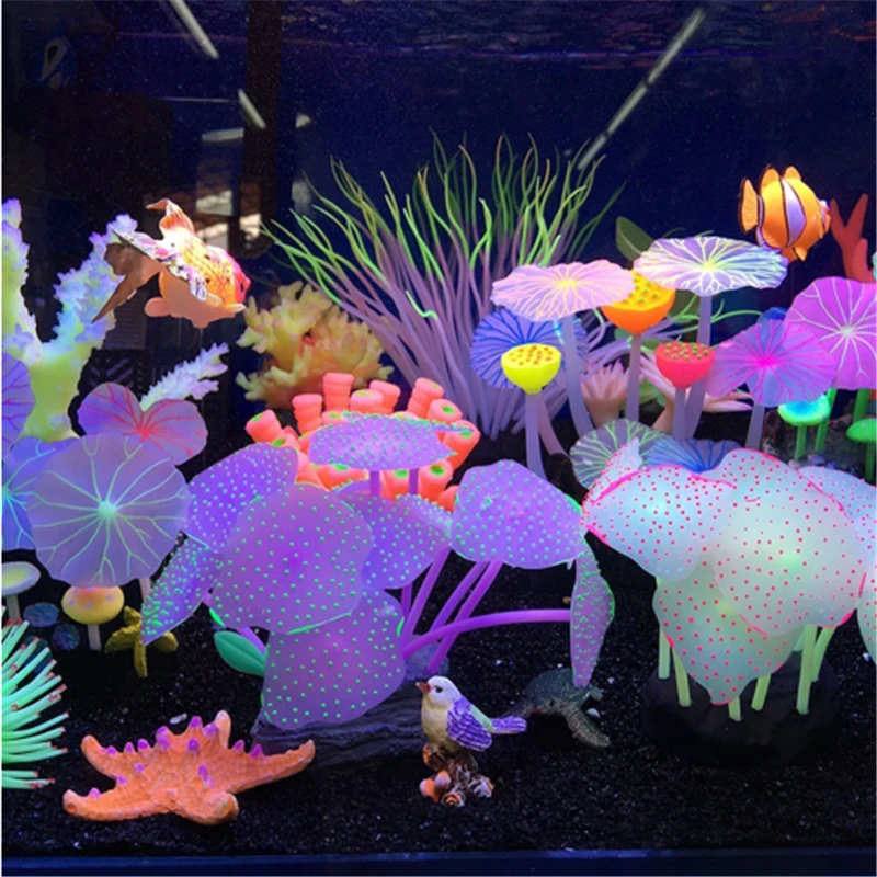 Akvariumai Priedai Dirbtinį Koralų Rifas Žėrintis Lotus Lapų, Grybų Šviečiantys Akmenys Žuvų Bako Apdaila Su Gyvis 0
