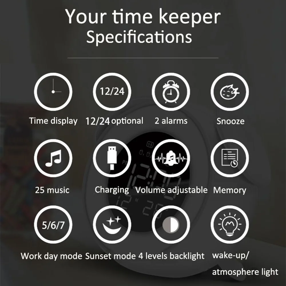Lentelėje Skaitmeninis Laikrodis Pabusti Šviesos Žadintuvas Stalo Lempa su Muzika Saulėlydžio Režimas Nakties Šviesos Vaikų Miegamasis Apdaila 1