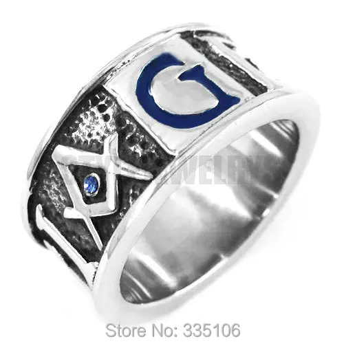 Mėlynos G Kristalų Masinu Žiedas iš Nerūdijančio Plieno Papuošalai GEOMETRI Išdrožti Žodis Masonai Motorinių Dviratininkas Vyrų Žiedas Didmeninė SWR0358A 1