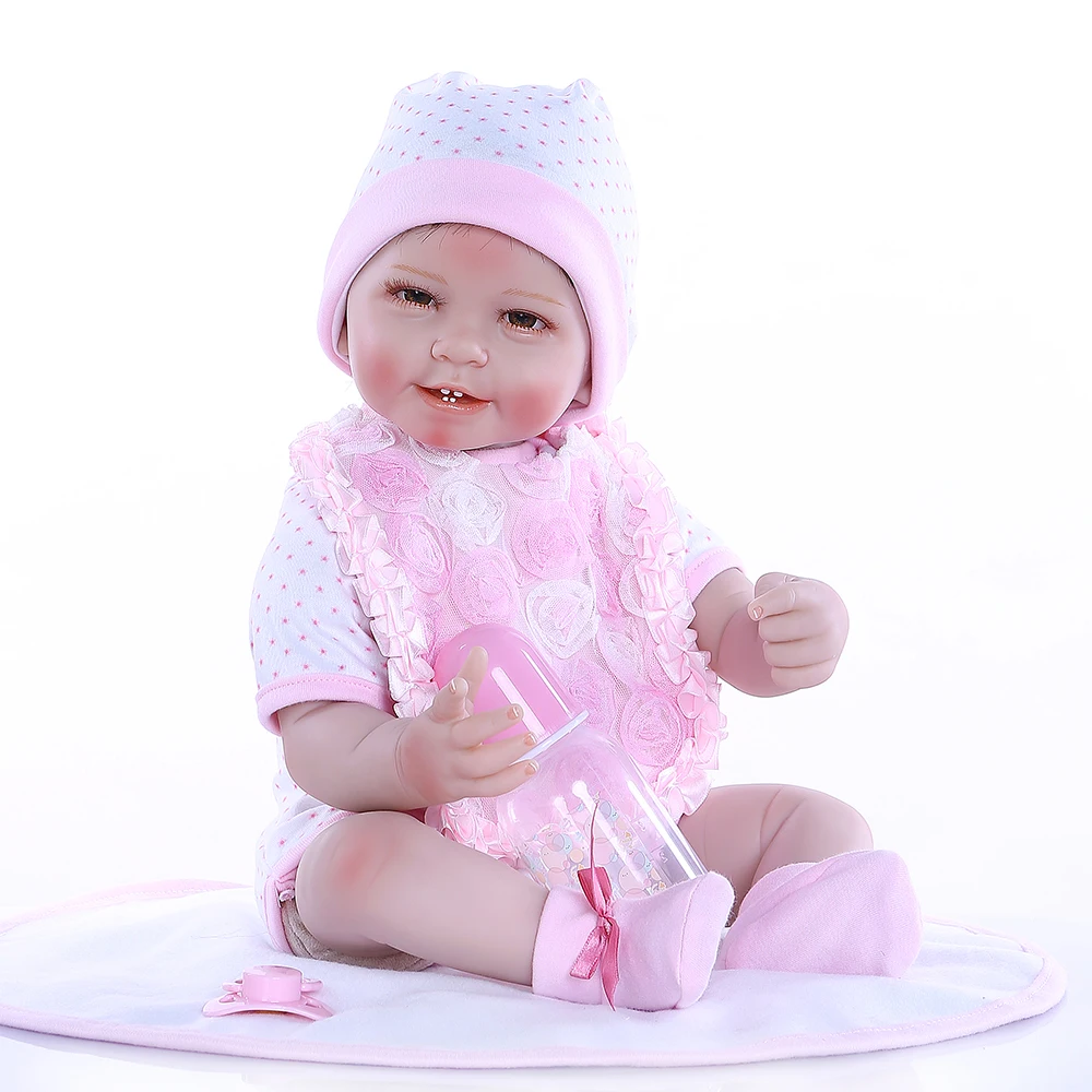 55CM 0-3Month nekilnojamojo baby dydis smile baby dantų realitic reborn baby doll tikroviška, minkšta liesti svertinis kūno lėlės rožinė suknelė 1
