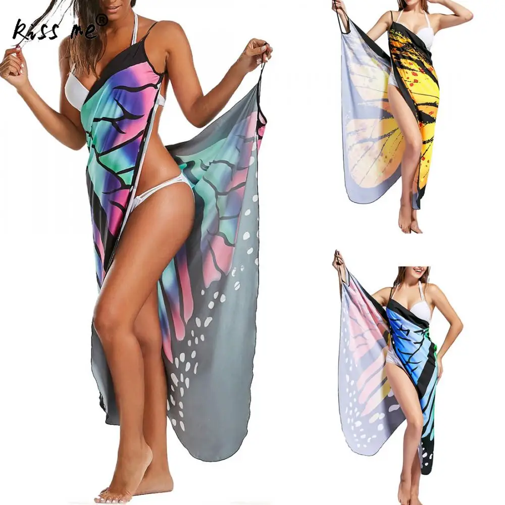 Paplūdimio drabužiai moterims, tunikų spausdinti padengti iki wrap slydimo paplūdimio suknelė praia vasaros bikini padengti iki moterų moterų vienas dydis drugelis 1