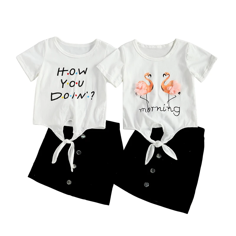 2-7T Vaikai Mergaitės 2 dalių Sijonai Nustatyti Vasaros Aprangą Vaikų Kūdikių Mados Flamingo Laišką, Print T-shirt Viršuje, Sijonas Kostiumas Atsitiktinis 2021 Naujas 1