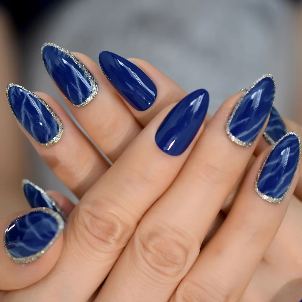 Blue Marble Nail Paspauskite Ant Padirbtų Nagų Patarimai Modelis Stiletto Formos, Vidutinio Dizaino Sidabro Boder Su Klijais, Čiaupai 24 vnt 1