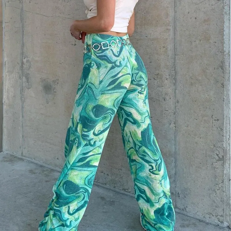 Naujas Sukrauti Pločio Kojų Kelnės Žalias Kaklaraištis Dažų Y2K Mados Komplektus Sweatpants Spausdinti Derliaus Aukšto Juosmens Moterų Kelnės Streetwear 1