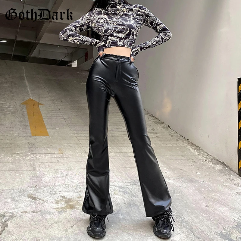Goth Tamsiai Grunge Dirbtiniais Pu Odos moteriškos Kelnės Y2k Punk Aukšto Juosmens Gotikos Boot Cut Kelnės Slim Black Rudens Drabužių Streetwear 1