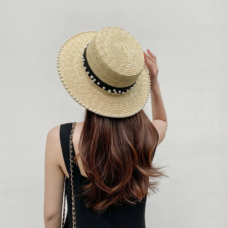 Naujas Rankų Darbo, Natūralių Šiaudų Beach Sun Skrybėlę Moterims Vasaros Atostogų Panama Kepurė Mados Perlų Juostelė Flat Top Apsauga Nuo Saulės, Skrybėlę 1