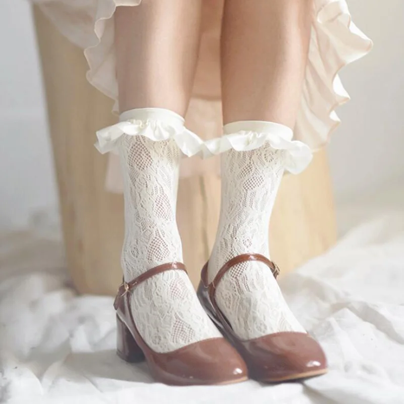 Mielas Balta Nėrinių Kojinės Moterims, Skaidrus Lolita Ilgai Kojinės Mergaitėms Didelio Kelio Kojinės Kojų Moterų Elastinga Streetwear calcetines 1