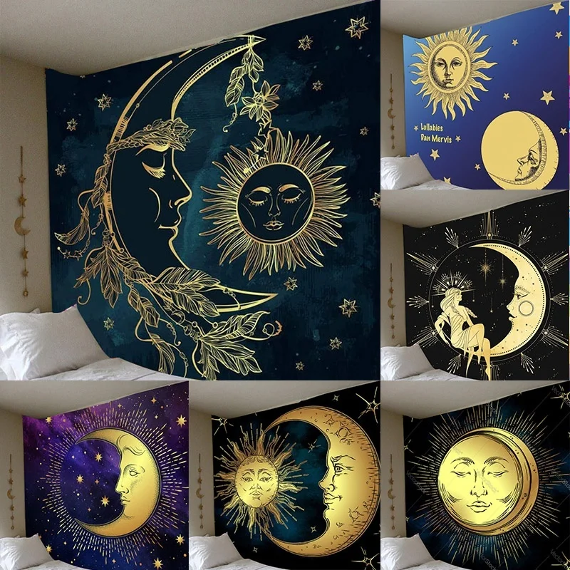 Saulės ir Mėnulio Psichodelinio Trimitas Gobelenas Bohemijos Dekoratyvinės Sienų Dekoras Miegamasis Fono Sienos Audiniu Kambario Apdaila 1