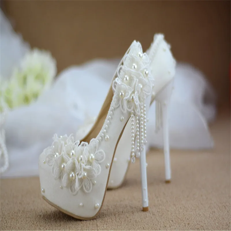 Bridesmaid, batai vestuvių suknelė balta nėrinių saldus gėlių kutas moterų moteriški batai 6cm 8cm 11cm 14cm aukšto kulno Didelis dydis 43 1