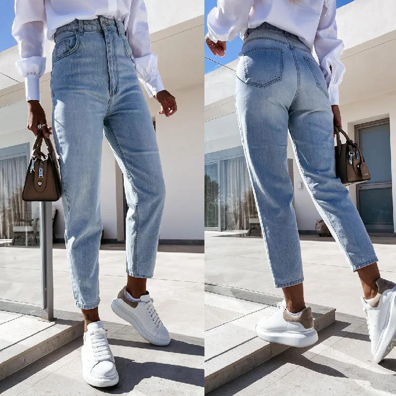 Moterų aukšto juosmens džinsus, tiesios plonos sujungimas užtrauktukas kelnės atsitiktinis rudenį tiesios kelnės 1