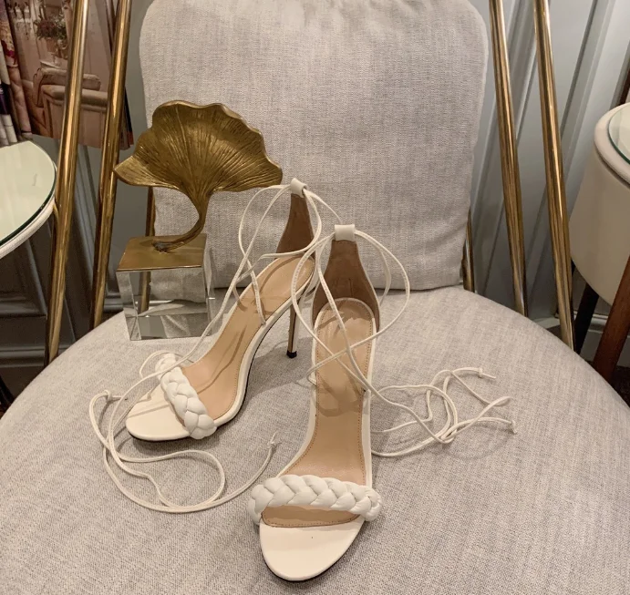 Elegantiškas stiletto medvilniniai nėriniai-up sandalai moterims vasaros 2021 nauja mada, suapvalinti tne open-toe aukštos obcasie sandalai 1