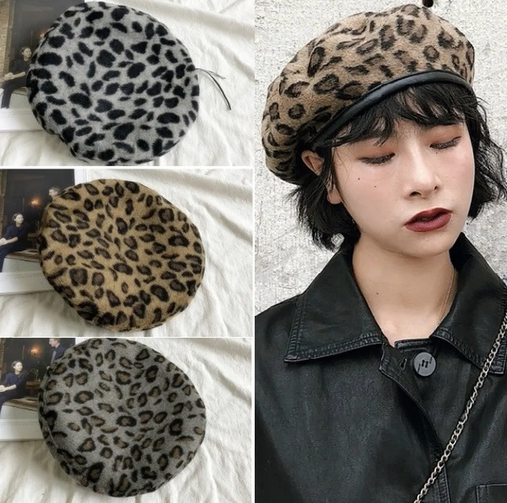 Naujas Mados Leopard Beretės Šiltas Žiemą Moterys Beretė Pintas Baggy Mezgimo Kablys Beanie Skrybėlių Slidinėjimo Kepurė 1