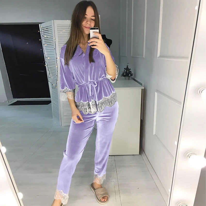 Hiloc Violetinė Sujungimas Velevt Sleepwear Moterų Apdaras Nustatyti 2021 Mezgimo Šilta Pižama Kelnės Su Kratinys Nėrinių Seksualus Kostiumas Rinkiniai Pavasario 1